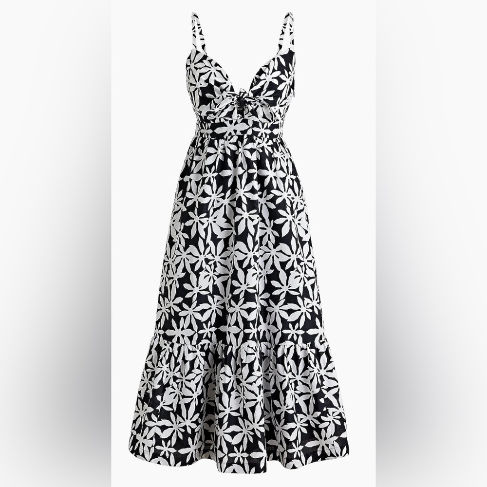 J. CREW Midi Floral Dress with Front Tie Detail - Black & White
